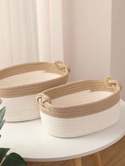 1pc Handmade Woven Storage Basket, Japanese Style Rope Woven Desktop Organizer Box, Suitable For Storing Toys, Snacks And Small Items