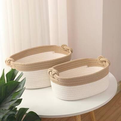 1pc Handmade Woven Storage Basket, Japanese Style Rope Woven Desktop Organizer Box, Suitable For Storing Toys, Snacks And Small Items
