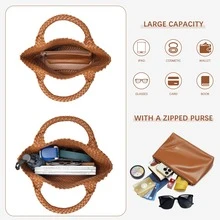 BOSTANTEN Woven Bags For Women Large Leather Tote Bag Summer Beach Travel Handbags Shopper Shoulder Bag - màu nâu - Xem 5