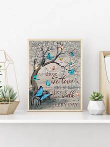 1 Pc Wooden Textured Canvas Art, Butterfly And Flowers Wall Art, Blue Butterfly Poster Decor,Colorful Canvas Art,Living Room,Bedroom Decor,Idea Gift,No Frame - Blue - View 2