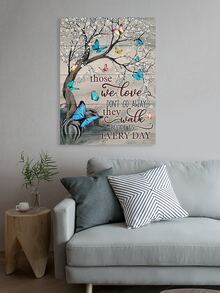 1 Pc Wooden Textured Canvas Art, Butterfly And Flowers Wall Art, Blue Butterfly Poster Decor,Colorful Canvas Art,Living Room,Bedroom Decor,Idea Gift,No Frame - Blue - View 3