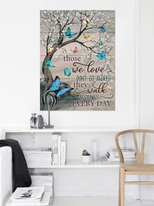 1 Pc Wooden Textured Canvas Art, Butterfly And Flowers Wall Art, Blue Butterfly Poster Decor,Colorful Canvas Art,Living Room,Bedroom Decor,Idea Gift,No Frame - Blue - View 1