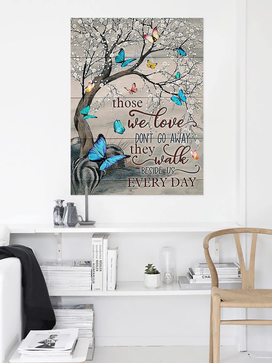 1 Pc Wooden Textured Canvas Art, Butterfly And Flowers Wall Art, Blue Butterfly Poster Decor,Colorful Canvas Art,Living Room,Bedroom Decor,Idea Gift,No Frame - Blue - View 1