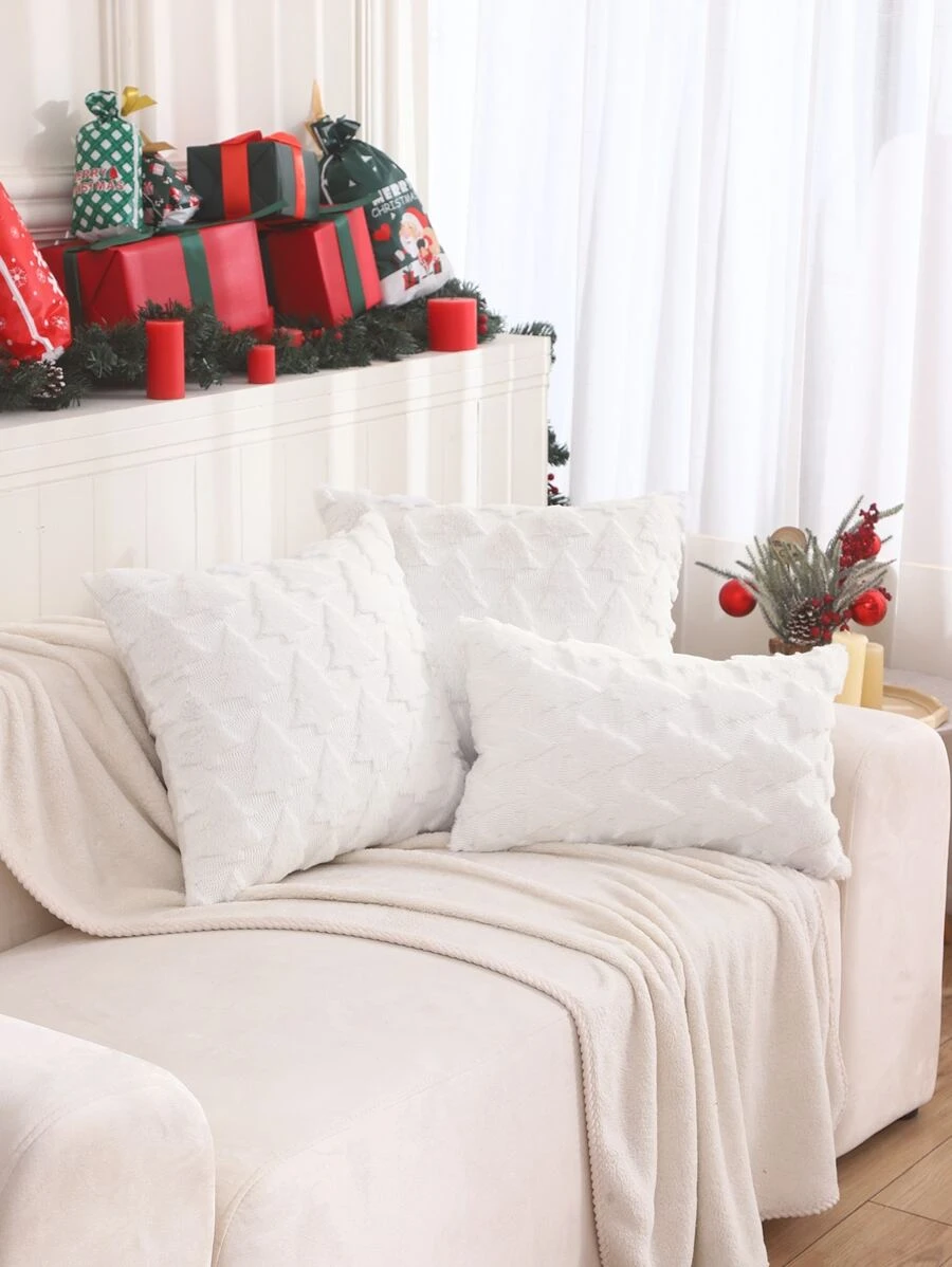 Miater 1pc 3d Embroidered Plush Christmas Tree Pillow Cover - White - View 1