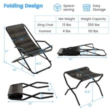 Patio Folding Rattan Sling Lounge Chair Ottoman Rocking Footrests Armrest - Xám - Xem 2