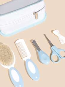 Bộ chăm sóc em bé 5 món trong túi màu xanh, bao gồm lược, bàn chải, dụng cụ cắt móng tay và các dụng cụ chăm sóc em bé khác - Màu xanh lam - Xem 3