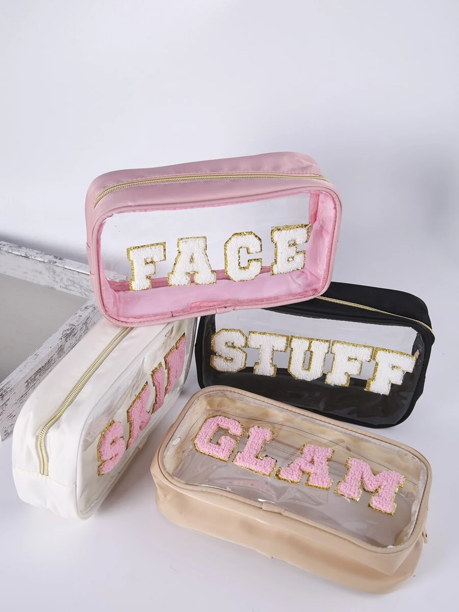 4pcs Embroidered Letter PVC Semi-Transparent Cosmetic Bag, Toiletry Pouch For Daily Use, Party, Travel - Multicolor - View 1