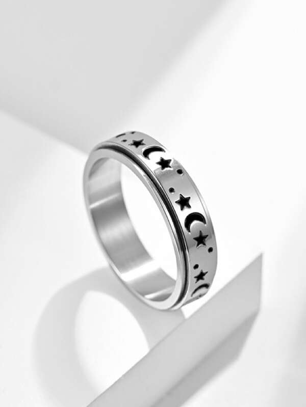 1pc Fashion Star Moon Rotatable Decompression Ring Men'S Anxiety Relief Ring Jewellery Suitable For Daily Decorative Use Versatile Models   Ring