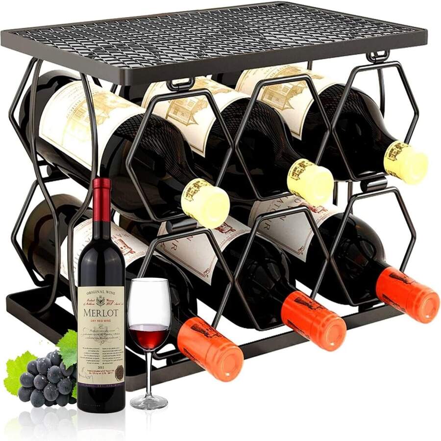 Estantes para Botellas de Vino de Metal, Estante de Vino Apilable de 2 Niveles, Estante para Botellas de Vino con 6 Botellas de Almacenamiento para Decoración de Mesa, Armario, Cocina - Negro - Ver 1