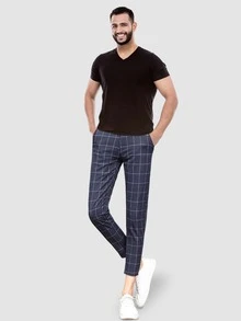 Men's Jacquard Oblique Pocket Plaid Suit Pants Skinny Gabardine Casual Cropped Suit Men Oblique Pocket Plaid Pants Without Belt - Navy Blue - View 2