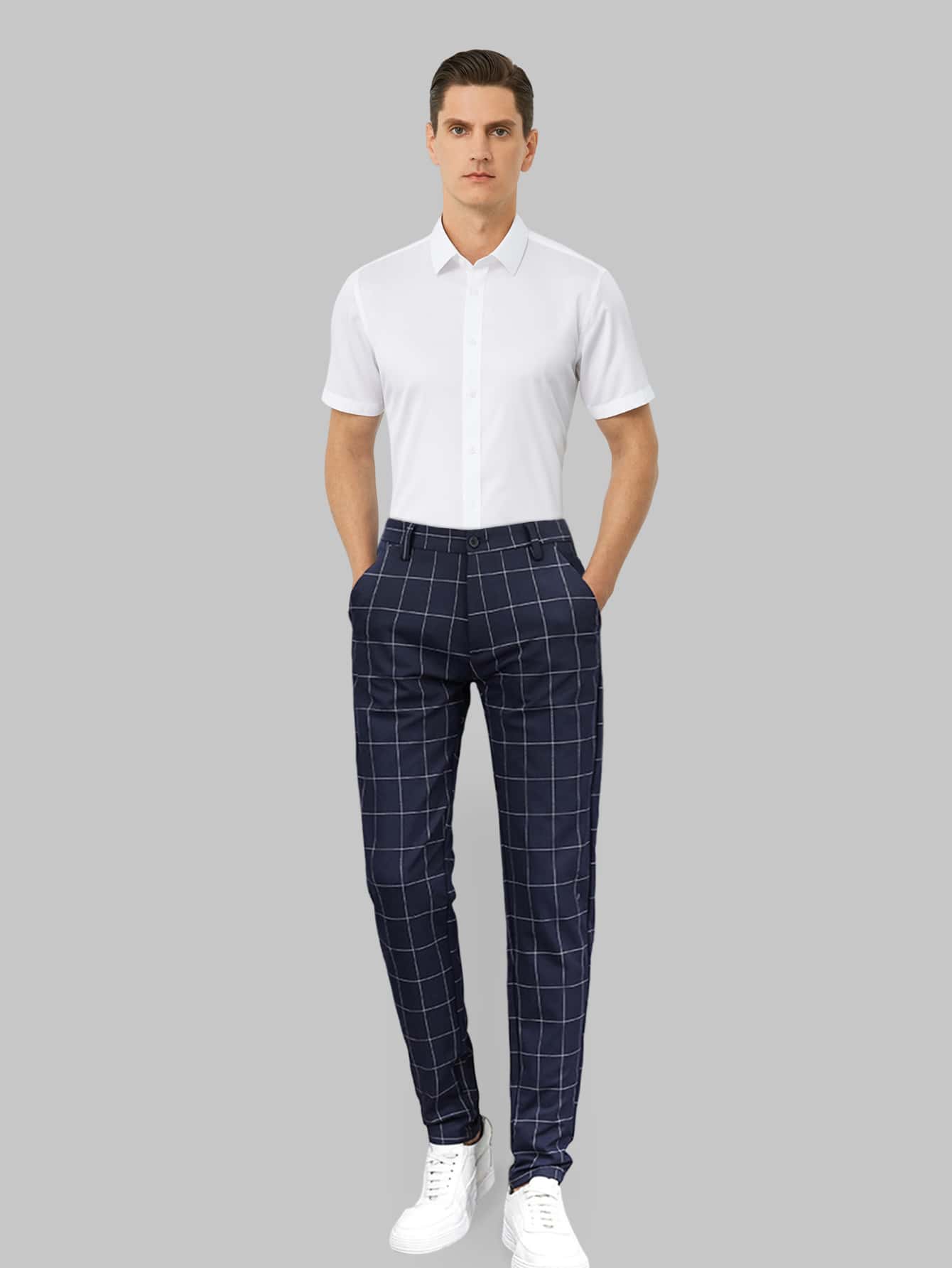 Men's Jacquard Oblique Pocket Plaid Suit Pants Skinny Gabardine Casual Cropped Suit Men Oblique Pocket Plaid Pants Without Belt - Navy Blue - View 1