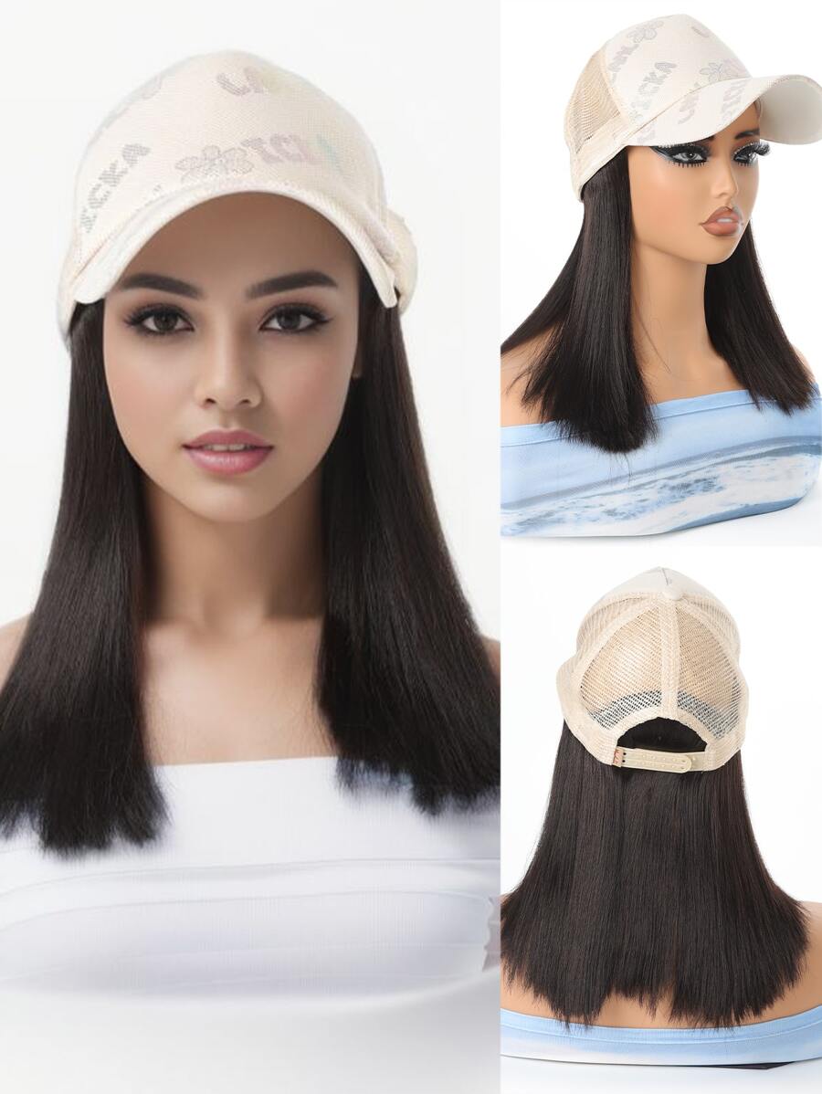 Sombrero con peluca de cabello corto para mujer, tipo gorra de béisbol hueca de una sola pieza, con hebilla interior, de estilo de celebridad de Internet, para primavera y verano - Negro - Ver 1