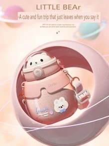 可愛矽膠泰迪熊圖案隔熱水瓶大容量兒童塑料雙層飲水杯