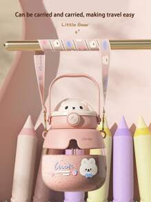 可愛矽膠泰迪熊圖案隔熱水瓶大容量兒童塑料雙層飲水杯