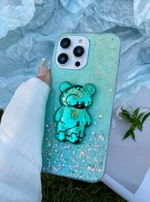 Cartoon Bear Decor Clear Phone Case With Holder - Green - View 4