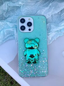 Cartoon Bear Decor Clear Phone Case With Holder - Green - View 6