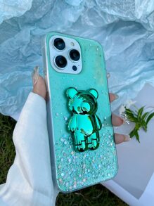 Cartoon Bear Decor Clear Phone Case With Holder - Green - View 5