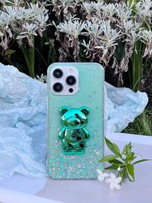 Cartoon Bear Decor Clear Phone Case With Holder - Green - View 8