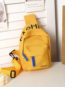 一件式男孩女孩迷你撞色字母尼龍拉鍊閉合休閒多功能胸包斜挎包適合日常使用 - 黃色 - 查看 2