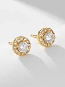 S925 纯银耳钉简约方晶锆石耳环 - 金色 - 查看 4