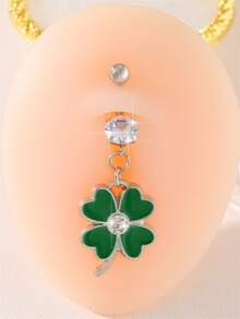 1pc Fashion Elegant Simple Lady Style Stainless Steel Silver Green Lucky Four-Leaf Clover Umbilical Nail - 彩色 - 查看 1