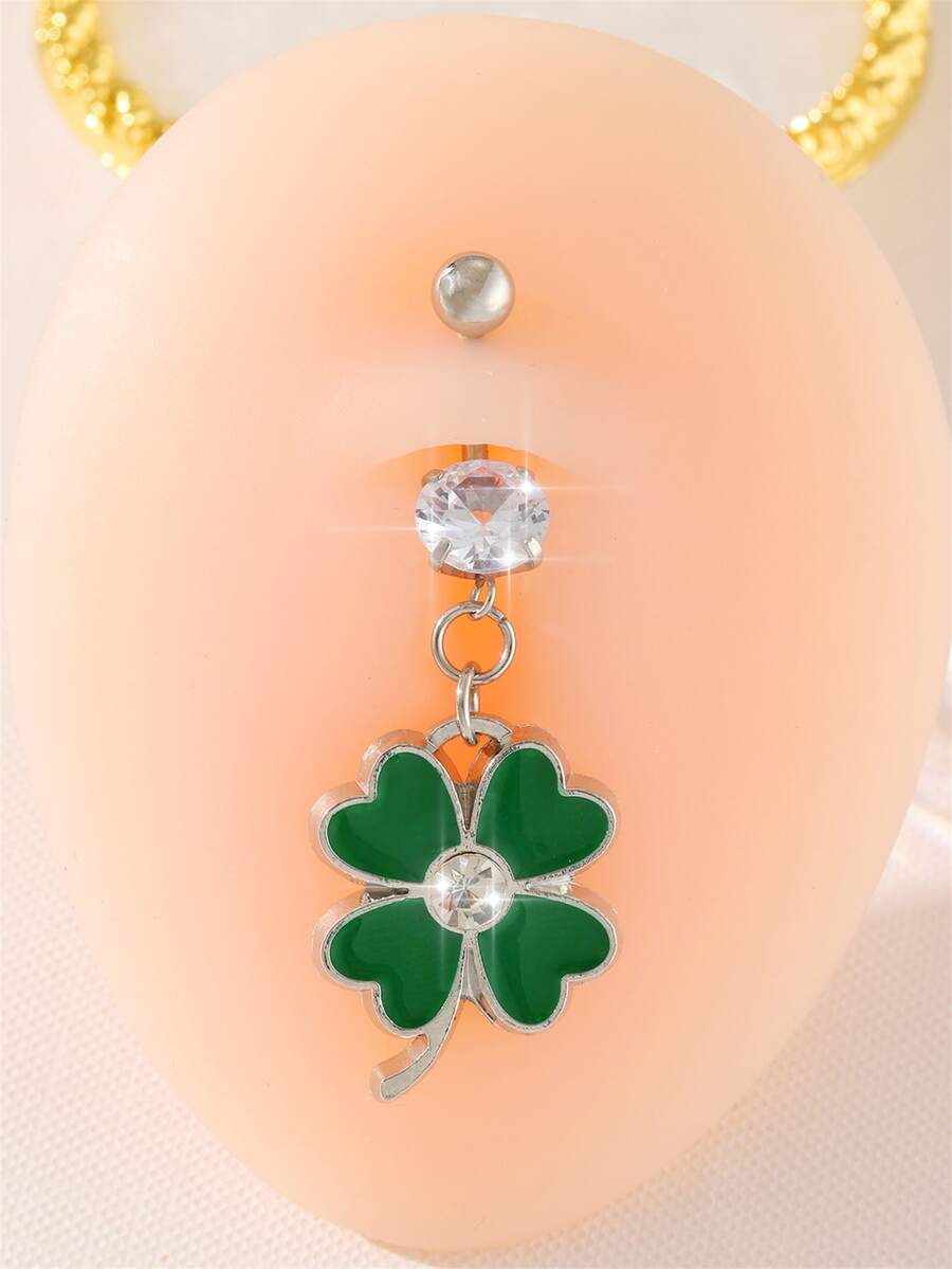 1pc Fashion Elegant Simple Lady Style Stainless Steel Silver Green Lucky Four-Leaf Clover Umbilical Nail - 彩色 - 查看 1