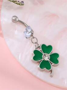 1pc Fashion Elegant Simple Lady Style Stainless Steel Silver Green Lucky Four-Leaf Clover Umbilical Nail - 彩色 - 查看 2