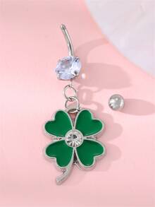 1pc Fashion Elegant Simple Lady Style Stainless Steel Silver Green Lucky Four-Leaf Clover Umbilical Nail - 彩色 - 查看 3