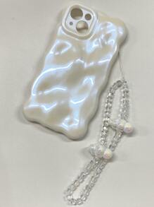 With Phone Charm Compatible With IPhone 14pro Simple White Solid Color Silicon 12/13/14 Pro/Max Wave Pattern Phone Case With Lanyard - White - View 1