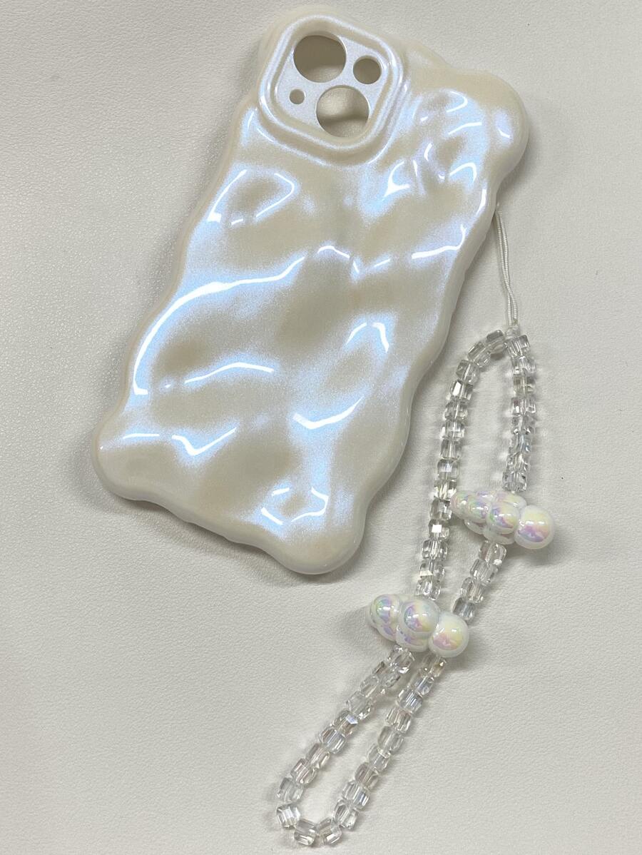 With Phone Charm Compatible With IPhone 14pro Simple White Solid Color Silicon 12/13/14 Pro/Max Wave Pattern Phone Case With Lanyard - White - View 1