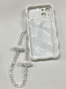 With Phone Charm Compatible With IPhone 14pro Simple White Solid Color Silicon 12/13/14 Pro/Max Wave Pattern Phone Case With Lanyard - White - View 3