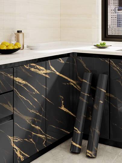 Adesivo autoadesivo para cozinha com padrão de mármore preto e dourado, adesivo brilhante à prova de óleo estilo nórdico para fogão, papel de parede antiincrustante para gavetas de armários, adesivos, decalque de parede, decalque de vinil para decoração de casa, itens de decoração de primavera renovam sua casa, adesivos de decoração Rama para cozinha