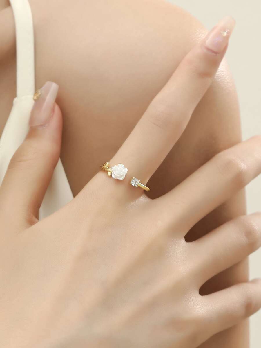 水鑽和花朵裝飾開口戒指 - 彩色 - 查看 1