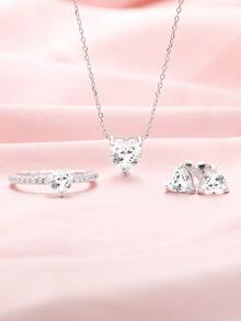 1 bộ Tối giản Tim Trắng Khối Zirconia  Chất rắn 925 sterling bạc Nhẫn Dây chuyền Trụ Hoa tai Bộ trang sức Lễ cưới Hôn ước Trang sức cô dâu - Bông tai vòng cổ 1 bộ - Xem 4