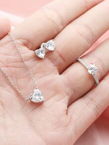 1 bộ Tối giản Tim Trắng Khối Zirconia  Chất rắn 925 sterling bạc Nhẫn Dây chuyền Trụ Hoa tai Bộ trang sức Lễ cưới Hôn ước Trang sức cô dâu - Bông tai vòng cổ 1 bộ - Xem 2