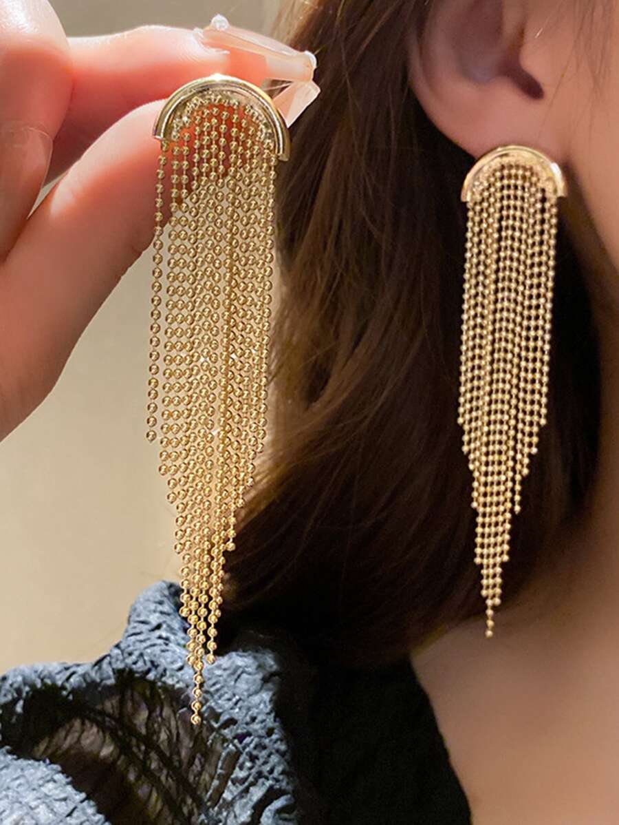 1對珠子長流蘇耳環,優雅奢華設計 - 金黃色 - 查看 1