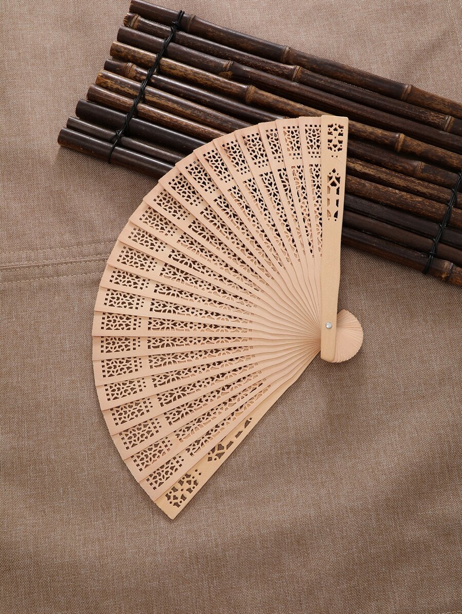1入組復古鏤空折扇適用於日常使用 - 米色 - 查看 1
