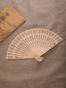 1入組復古鏤空折扇適用於日常使用 - 米色 - 查看 2