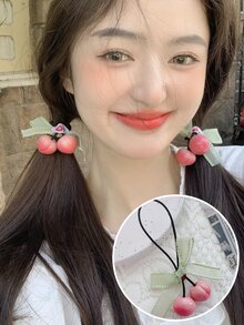 1入組女童珊瑚粉色櫻桃造型綁髮圈,配有蝴蝶結,不傷髮