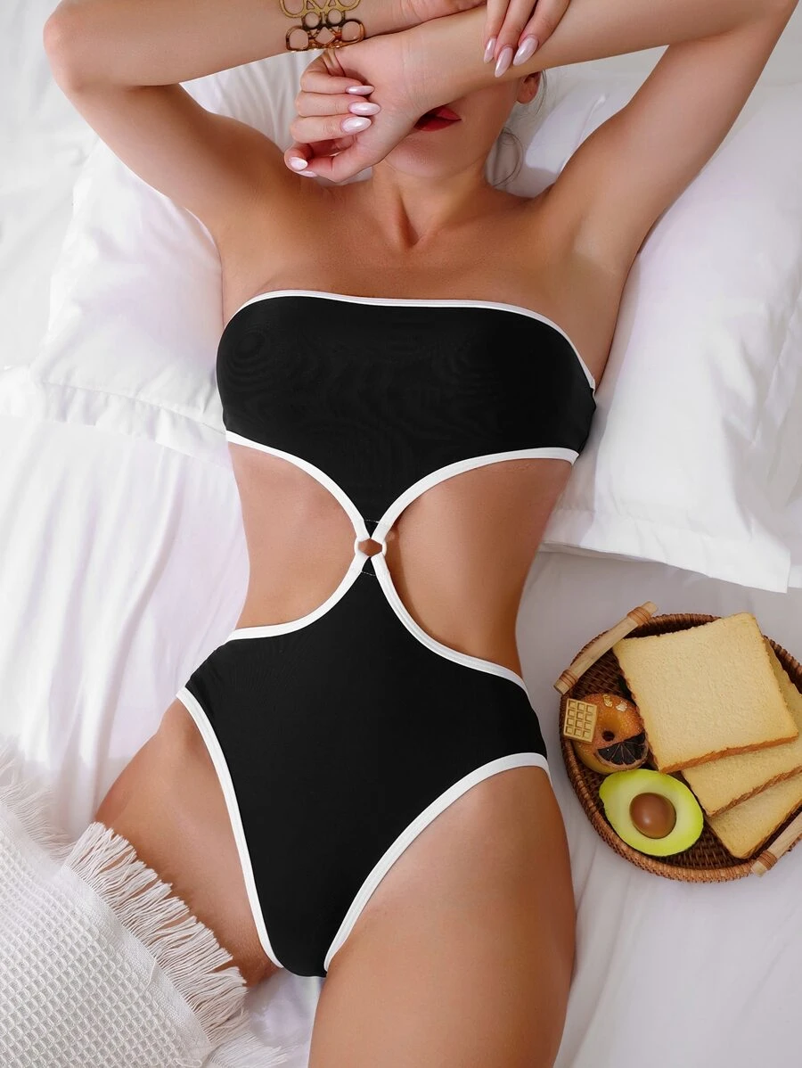 Contrast Binding Cut Out Waist One Piece Swimsuit Summer - Black - View 1