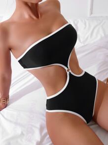 Contrast Binding Cut Out Waist One Piece Swimsuit Summer - Black - View 2