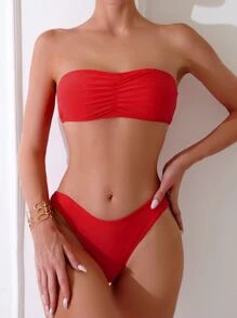 Women's 2pcs/Set Solid Color Halter Ruffle Sexy Bikini Swimwear, For Summer Beach Vacation - Red - View 3