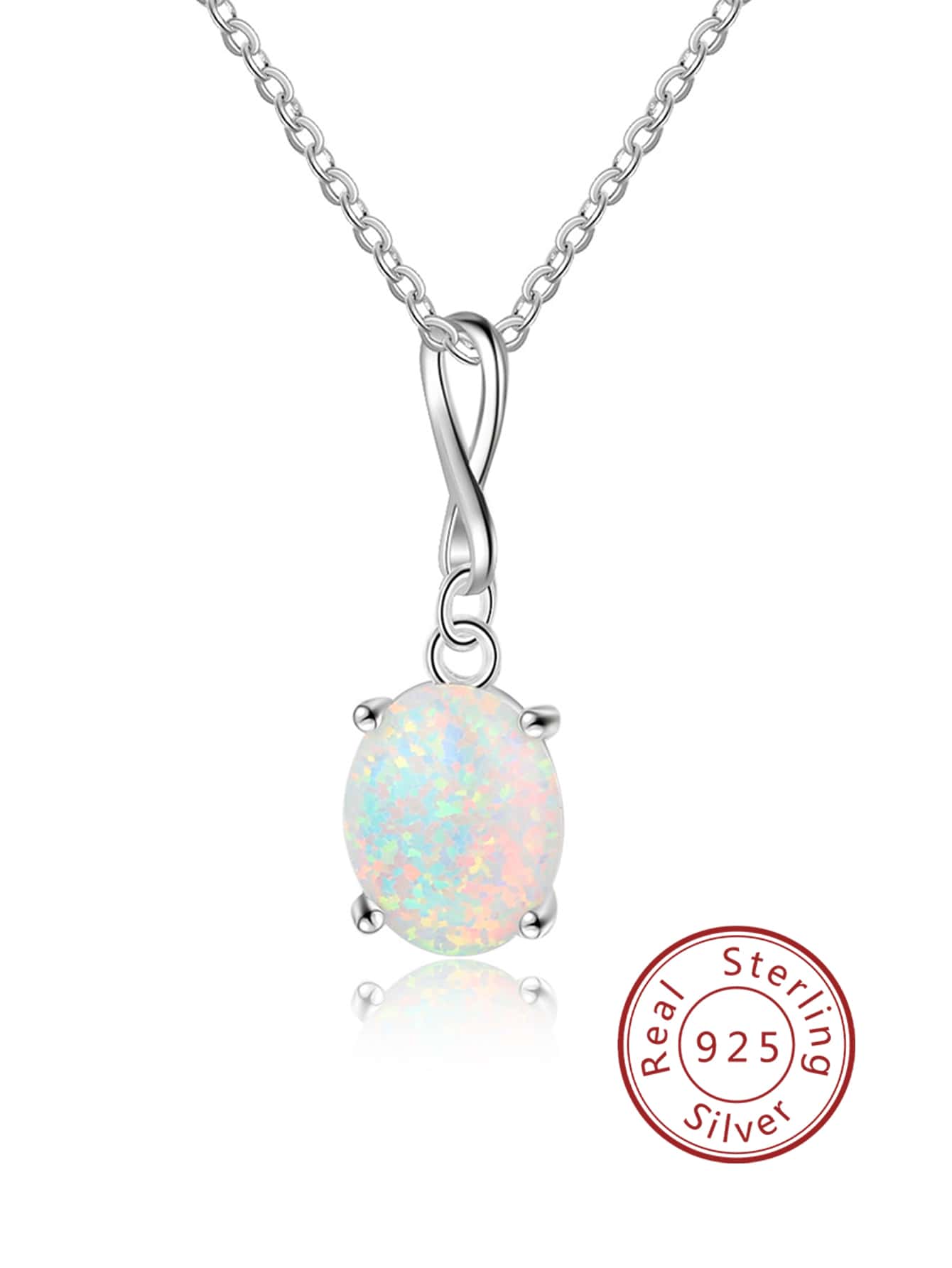 1條925銀創意白色蛋白石吊墜項鍊,女生無限愛心橢圓形蛋白石項鍊