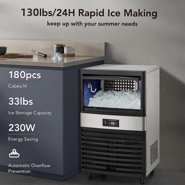 Commercial Ice Maker Machine 130lbs/24H, Stainless Steel Under Counter