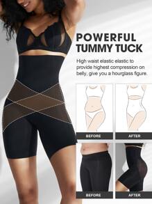 1件装女士高腰交叉收腹无缝塑身裤，瘦身打底裤，内裤短裤，束腰带 - 黑色 - 查看 3