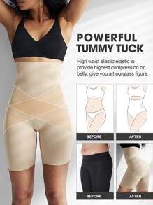 1pc Women's High Waist Criss-Cross Tummy Control Seamless Shapewear Pants, Flat Belly Tight Shorts, Underwear, Briefs, Waist Cincher - Apricot - View 3