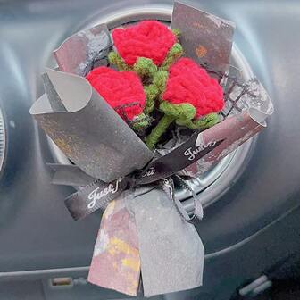 迷你編織勾織花人造手工製作花束手工編織植物向日葵玫瑰花適用於客人情人節禮品汽車掛飾