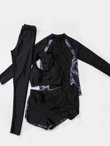 女士长袖长裤运动比基尼 5 件套包括分体泳衣、沙滩装、保守冲浪服，适合夏季瘦身