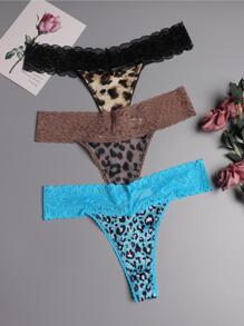 Morvia Women 3 Packs Contrast Lace Sexy Thongs Cute Leopard Print Multicolored Assortment Underwear, Low Rise