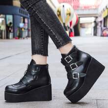 女性新風格秋天&冬天厚下裝坡跟跟短靴帶PU皮革帶扣飾裝飾用品 - 黑色 - 查看 3